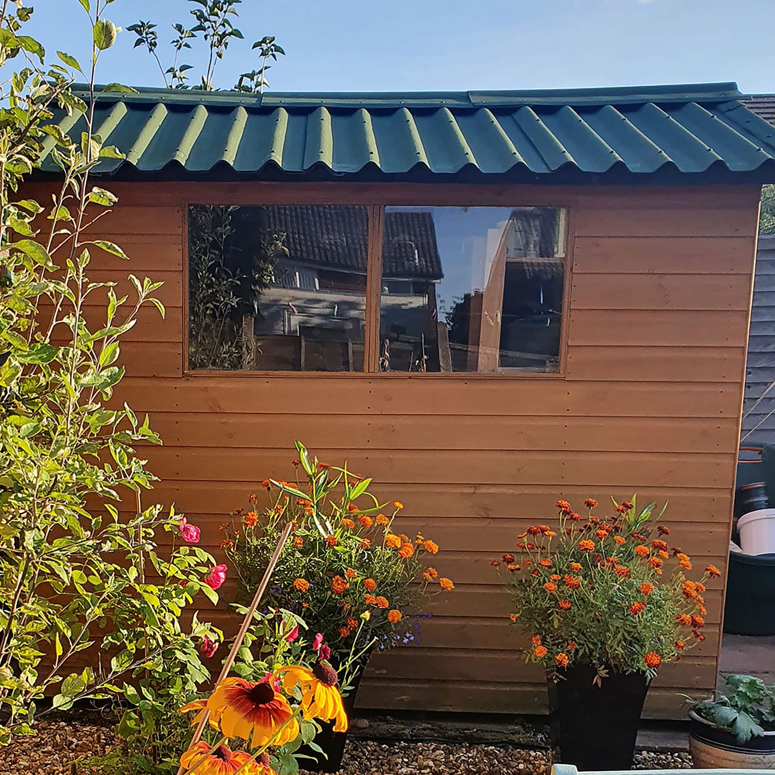 Wooden garden shed with a green corrugated roof and colourful flowers in front
