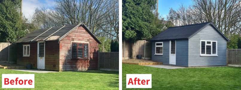 Before and after of shed with Onduline CLASSIC roof sheets