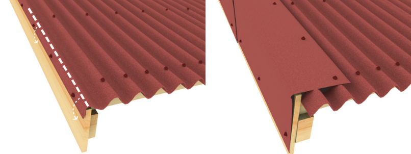 First image shows sheet folded and fixed over the edge of roof. Second image shows correct installation of verge unit.