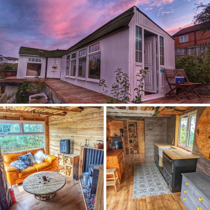 3 different images of a tiny house using Onduline roofing