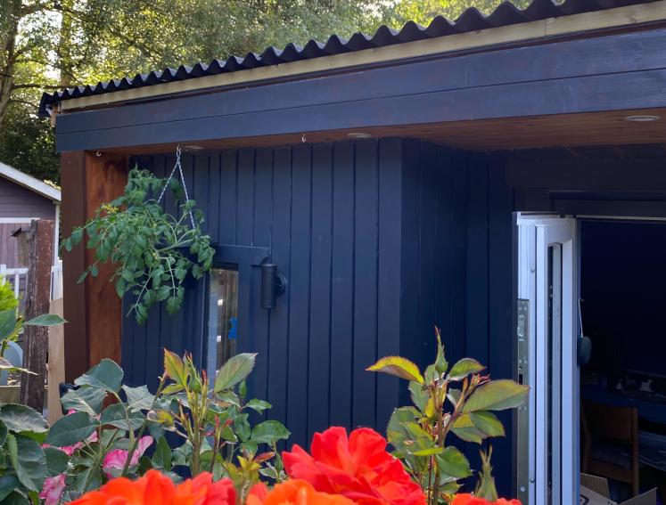 Black painted shed with black ONDULINE CLASSIC roofing and red flowers