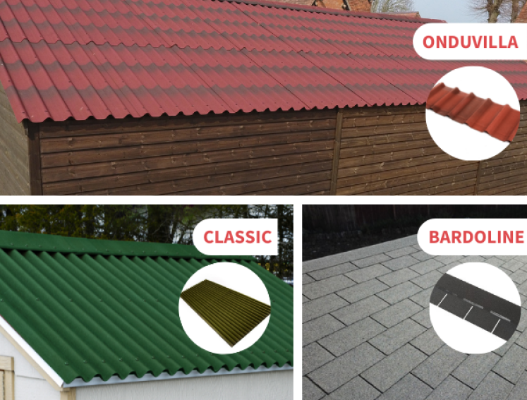 Images of three types of Onduline roofing sheets; ONDUVILLA, BARDOLINE and CLASSIC
