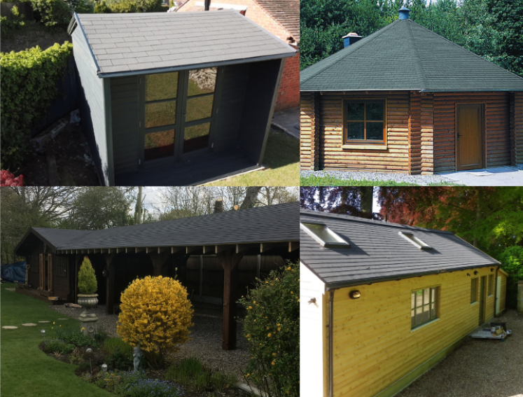 A shed, a cabin, a carport and a workshop using Onduline's BARDOLINE roofing sheets