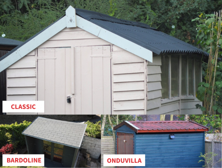 Three different sheds with different roofing including Onduline's CLASSIC sheets, BARDOLINE shingles & ONDUVILLA tile strips
