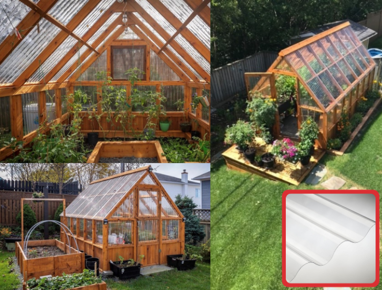 3 images of a timber greenhouse at different angles to show the ONDULINE clear roofing sheets