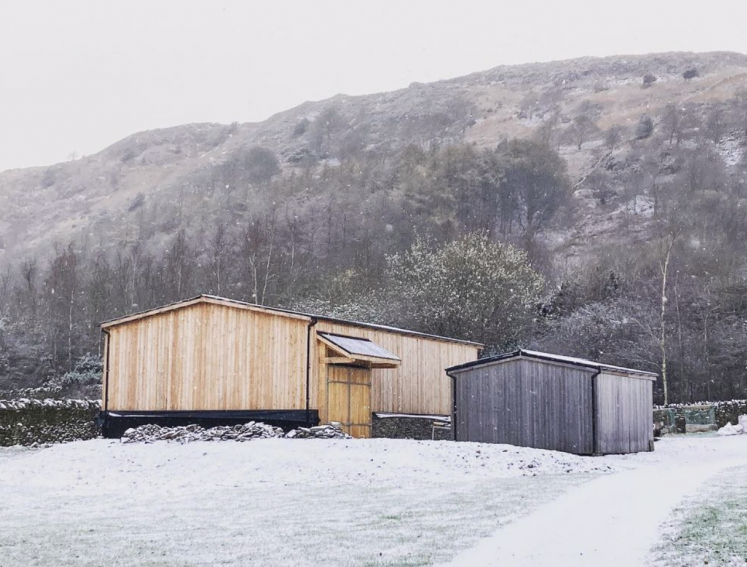 Two outbuildings fitted with Onduline roofing sheets in a snowy field
