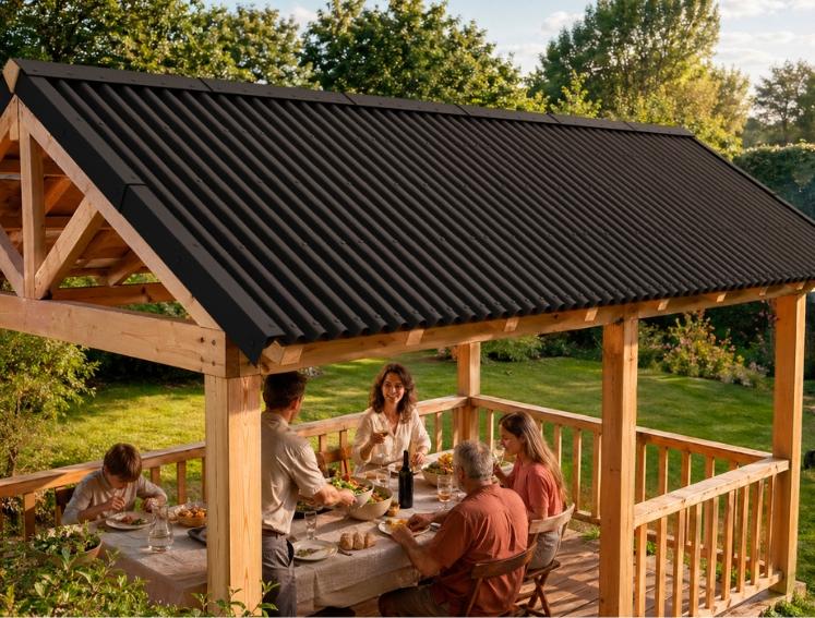A BBQ station shelter featuring ONDULINE CLASSIC roofing sheets